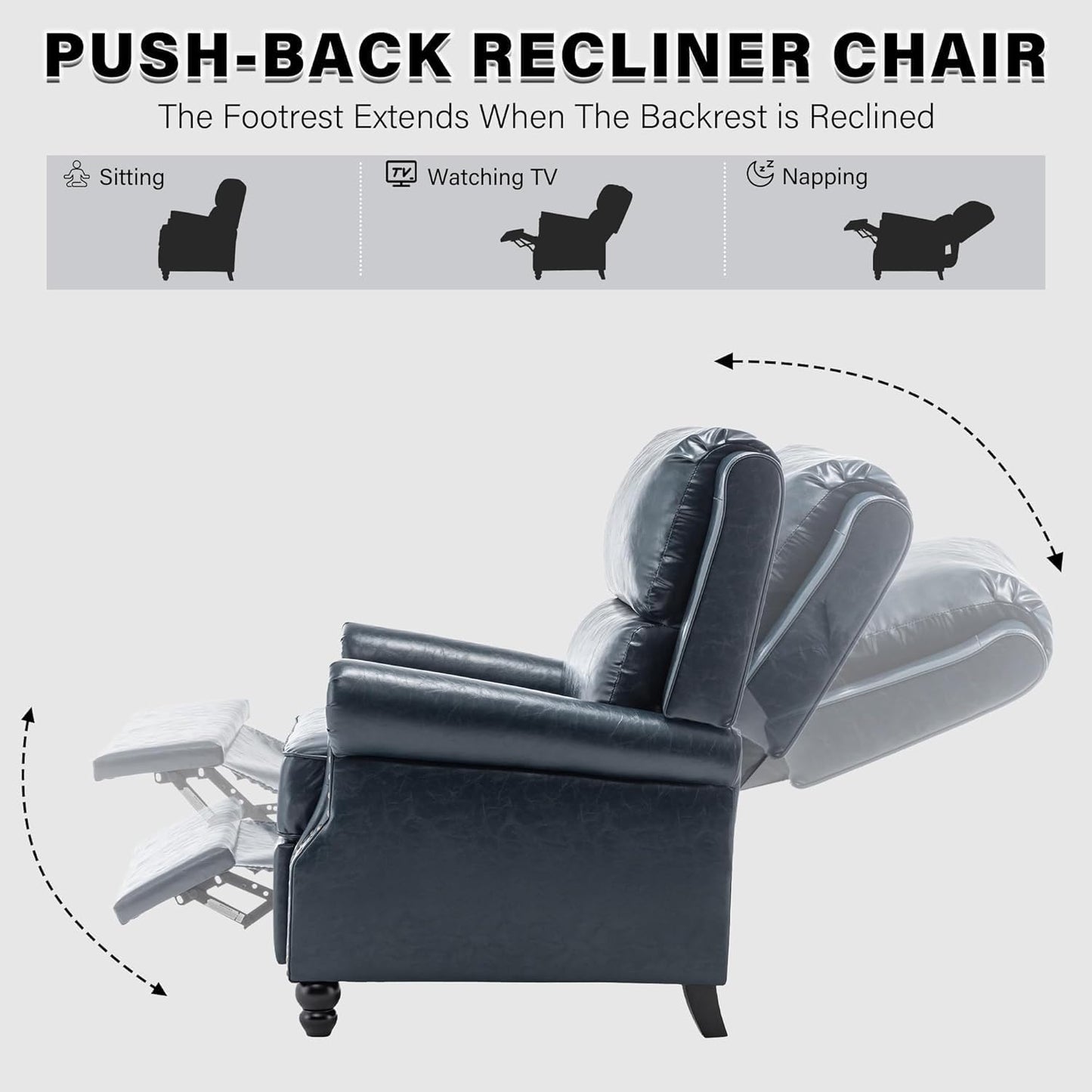 UIXE Pushback Recliner Chair, Faux Leather Armchair Overstuffed Accent Chair for Living Room, Rivet Trim Club Chair Home Theater Single Sofa Bedroom Side Reading Seat - Navy Blue