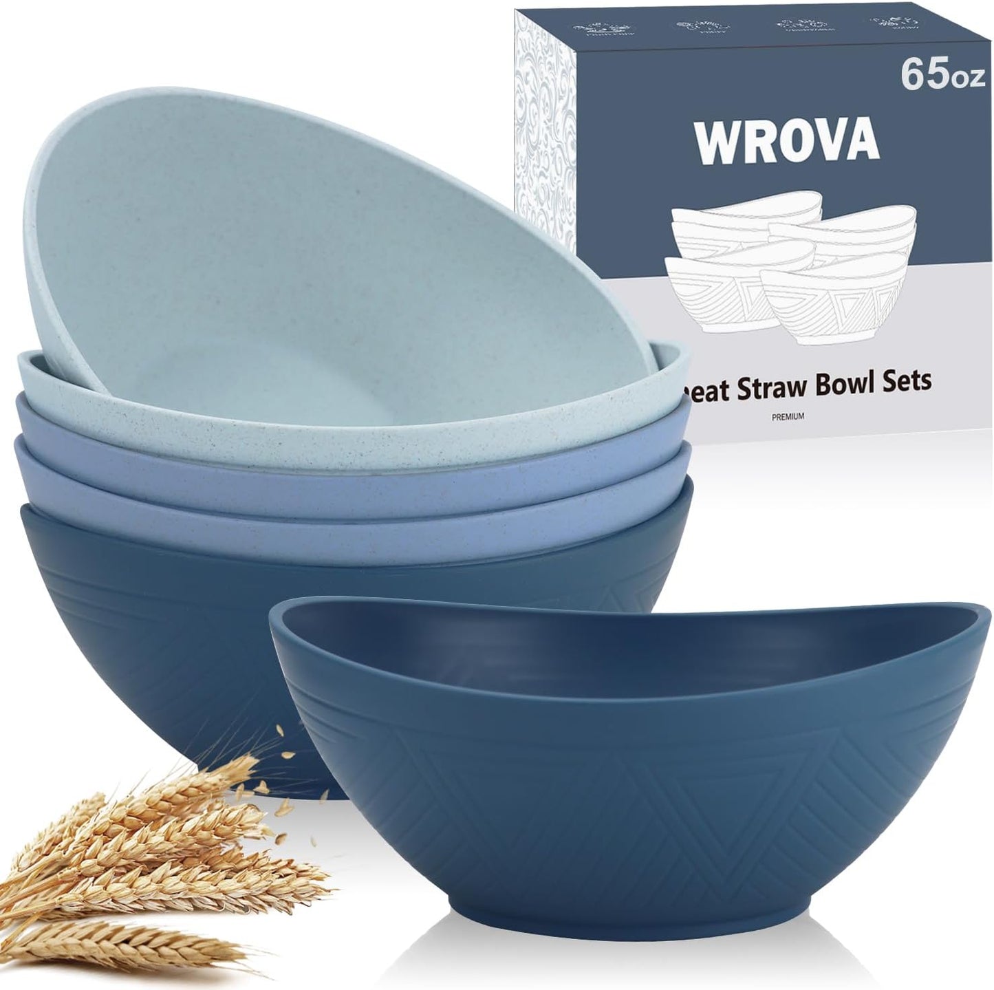 65oz Big Wheat Straw Bowls - Large Salad Bowls set of 6 - Unbreakable Serving Bowls - Microwave & Dishwasher Safe - Oval Bowls for Cereal,Salad,Fruit - Ocean Series