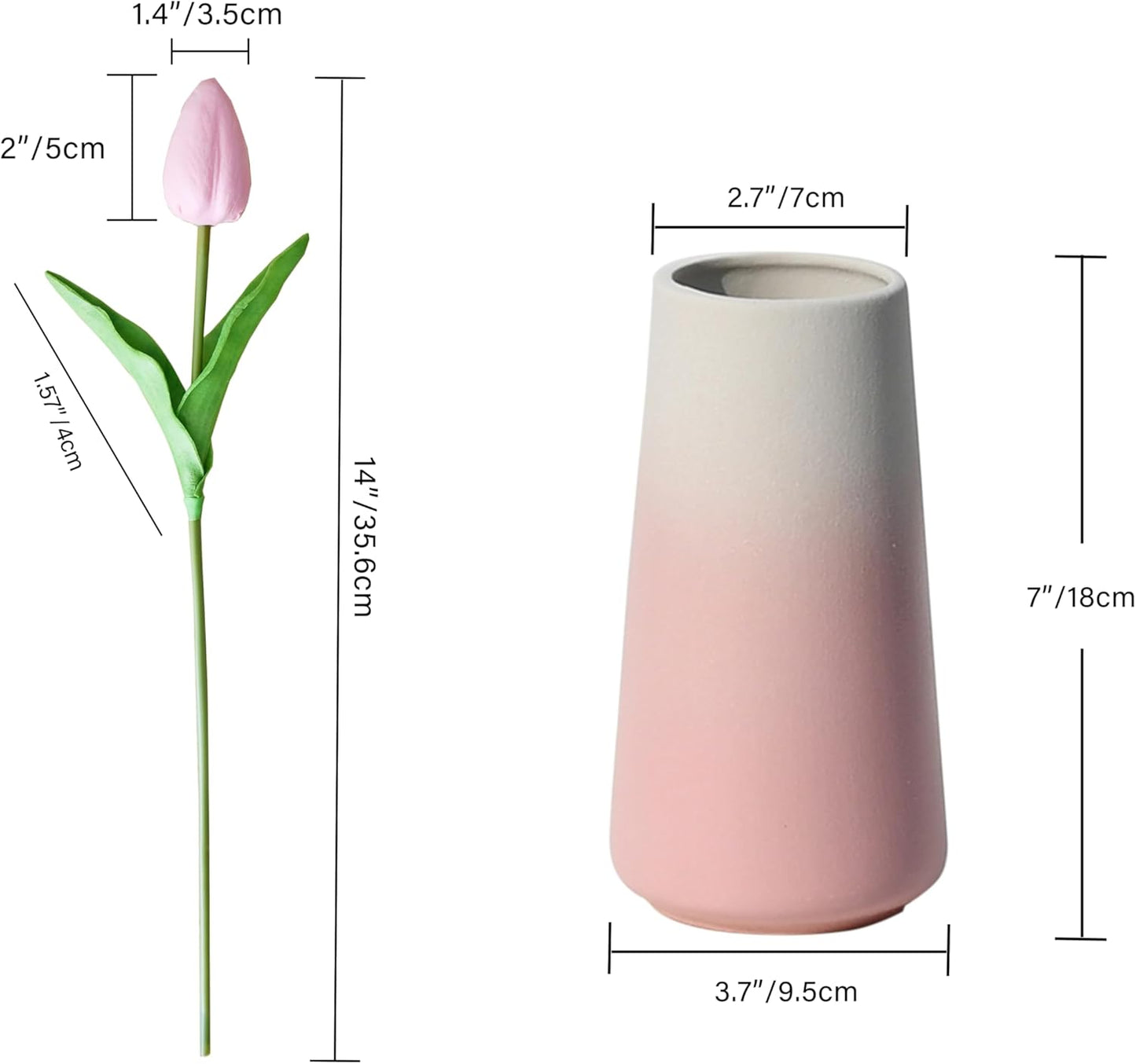 Mandy's Artificial Tulips 28 Stems Light Pink with Gradient Pink Vase PU Faux Flowers for Wedding Home Decor 13.5 Inch