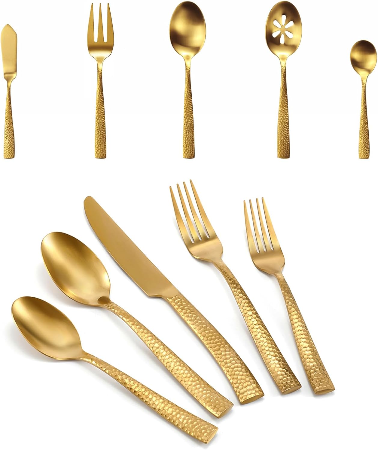 Silverware 45-Piece Matte Gold Hammered Flatware Set with Serving Utensils, Stainless Steel Thick Handle Matte Polished Cutlery Set for Wedding Hotel Restaurant, Service for 8