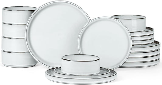 Onader Ceramic Dinnerware Sets for 6, Stoneware Plates and Bowls with Rustic Terracotta Bottom, Elegant Kitchen Dinner Dish Set, 18-Piece Dishware Tableware - Glacier White