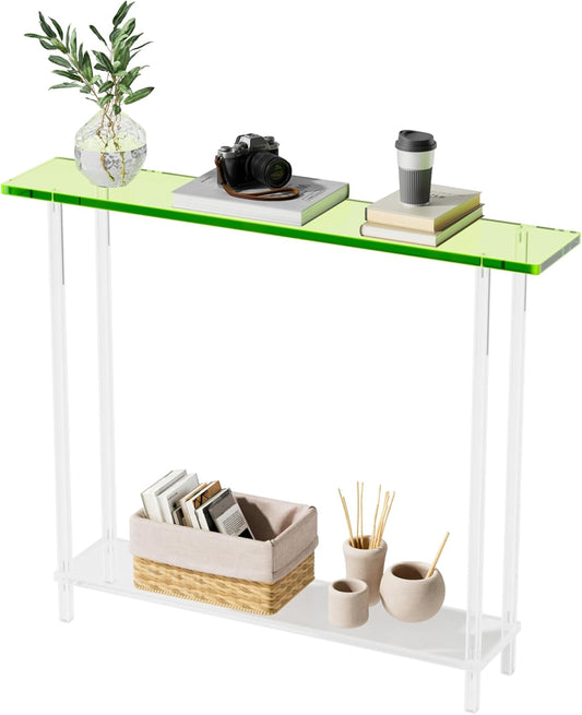 Sleek Modern 2-Tier Acrylic Console Table, 39.4" L x 7.6" W x 31.5" H - Entryway Table for Hallway, Living Room, Sofa Side, Small Spaces (Green)