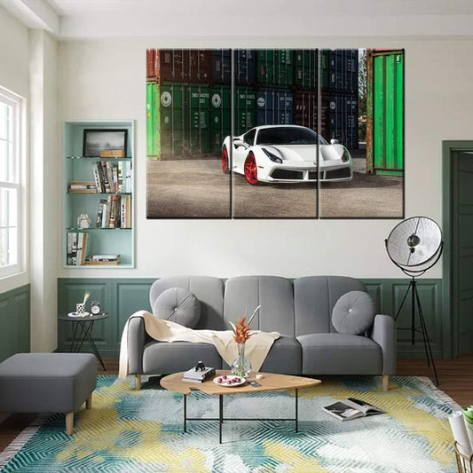 TUMOVO 3 Pieces Wall Art 488 White Sports Car in Warehouse Painting The Picture Print On Canvas Racing Car Pictures for Home Decor Decoration Gift Piece 40 x 20inch x 3 Panels