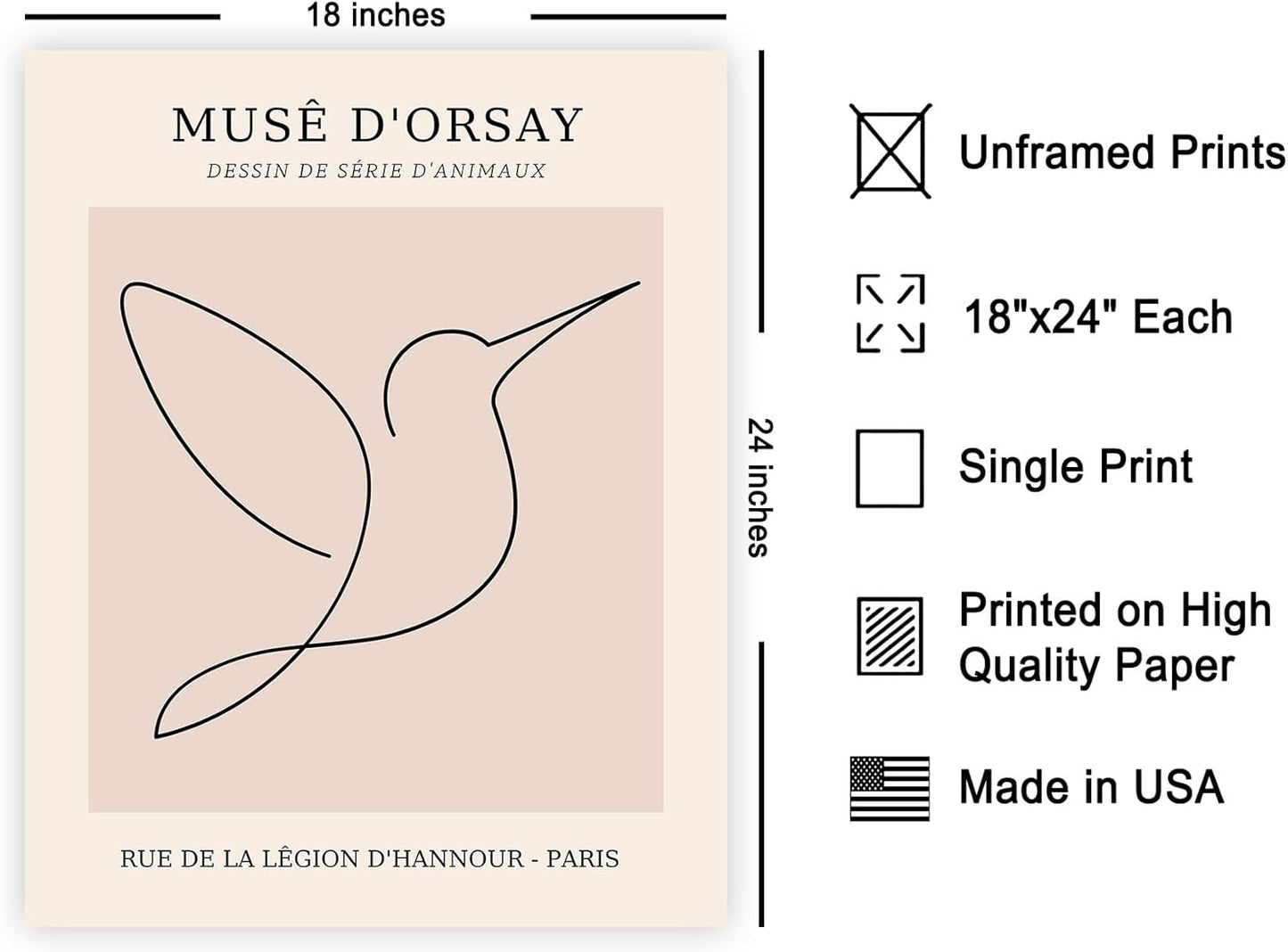 Poster Master Vintage Poster - Retro One Line Hummingbird Drawing Print - Bird Line Art - Minimal Gift for Him, Her, Animal Lover - Abstract Decor for Home, Office, 18x24 Unframed Wall Art