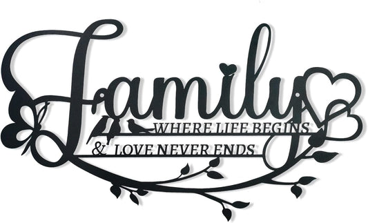 Family Sign Black Metal Wall Art Decor, Oppro Family Where Life Begins Love Never Ends Wrought Iron Wall Decorations, Hanging Plaque Letters Signs Home Decor for Living Room Bedroom Dining Room Kitchen Mother's Day Father's Day
