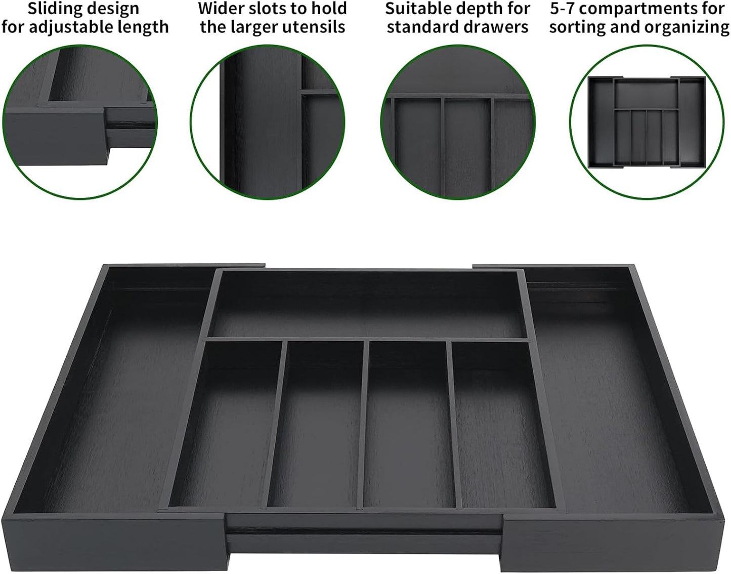 VaeFae Premium Bamboo Drawer Organizer, Expandable Silverware Drawer Organizer, Cutlery Tray with Dividers for Kitchen Utensils (Black, Large)