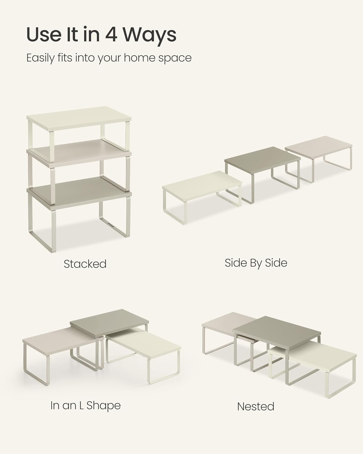 SONGMICS Cabinet Organizer Shelf, Set of 3 Kitchen Counter Shelves, Kitchen Storage, Spice Rack, Stackable, Expandable, Sand Beige UKCS220K01