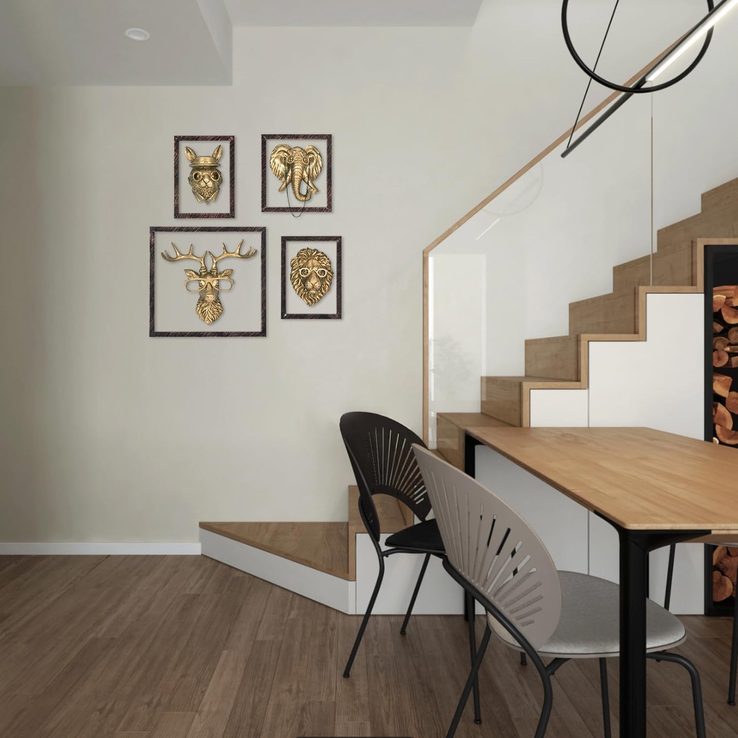 HUYIENO 4PK Animal Head Wall Decor with Metal Frame Flower Vase Gold Handcrafted Hanging Home Decor Sculptures for Living Room Bedroom