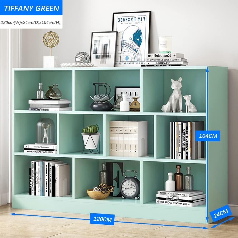 IOTXY Open Shelf Low Bookcase - Wooden 3-Tier Floor Standing Display Cabinet Organizer with Base, 10 Cubes Short Horizontal Bookshelf in Tiffany-Green