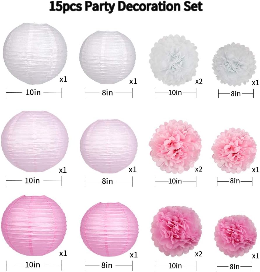 15Pcs Party Pack Paper Lanterns and Pom Pom Balls Hanging Decoration for Wedding Birthday Baby Shower-Pink/White