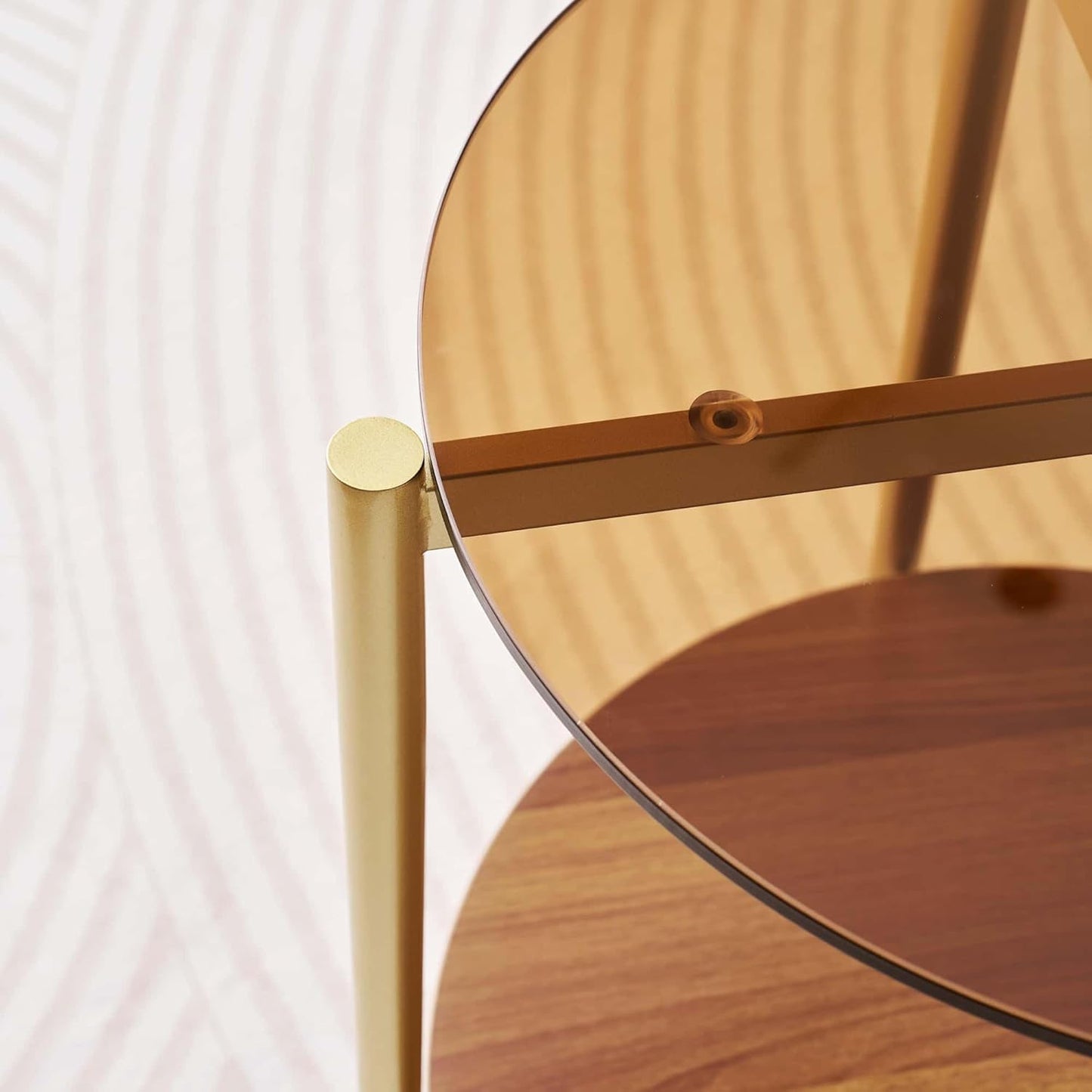 Round Glass End Table, Mid-Century Modern Design Sofa Table for Living Room, D18 x H23, 2-Tier Structure, Amber Glass Top and Walnut Shelf, Sleek Conical Legs with Gold Finish Frame