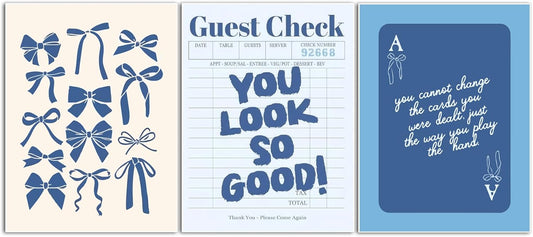 Blue Preppy Wall Art Set of 3 Trendy Navy Bow Posters Retro Guest Check Canvas Prints Poker Painting Minimalist Positive Quote Picture Decor Aesthetic for Living Room Dorm Apartment 16x24in Unframed