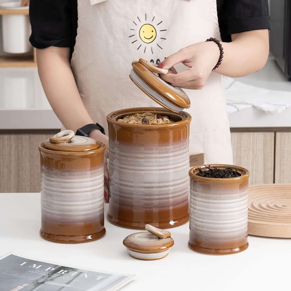 Nihow Ceramic Food Storage Jar: 22 FL OZ Container with Air Tight Ceramic Lid for Coffee/Salt/Peper/Tea/Sugar/Spice - Seal Damp-proof Canisters Sets for The Kitchen - Piece of 1 (Brown)