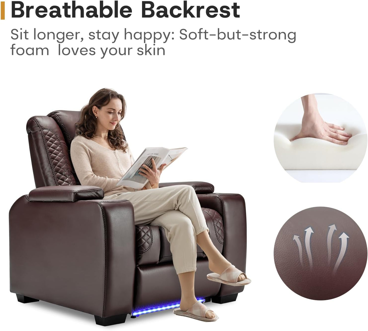 ANJ Power Home Theater Seating Set of 3, Brown Faux Leather Electric Recliner Chair with Powered Headrest, Dual Motors Movie Reclining Chairs with LED Lights,USB Port,Cup Holders, Hidden Arm Storage