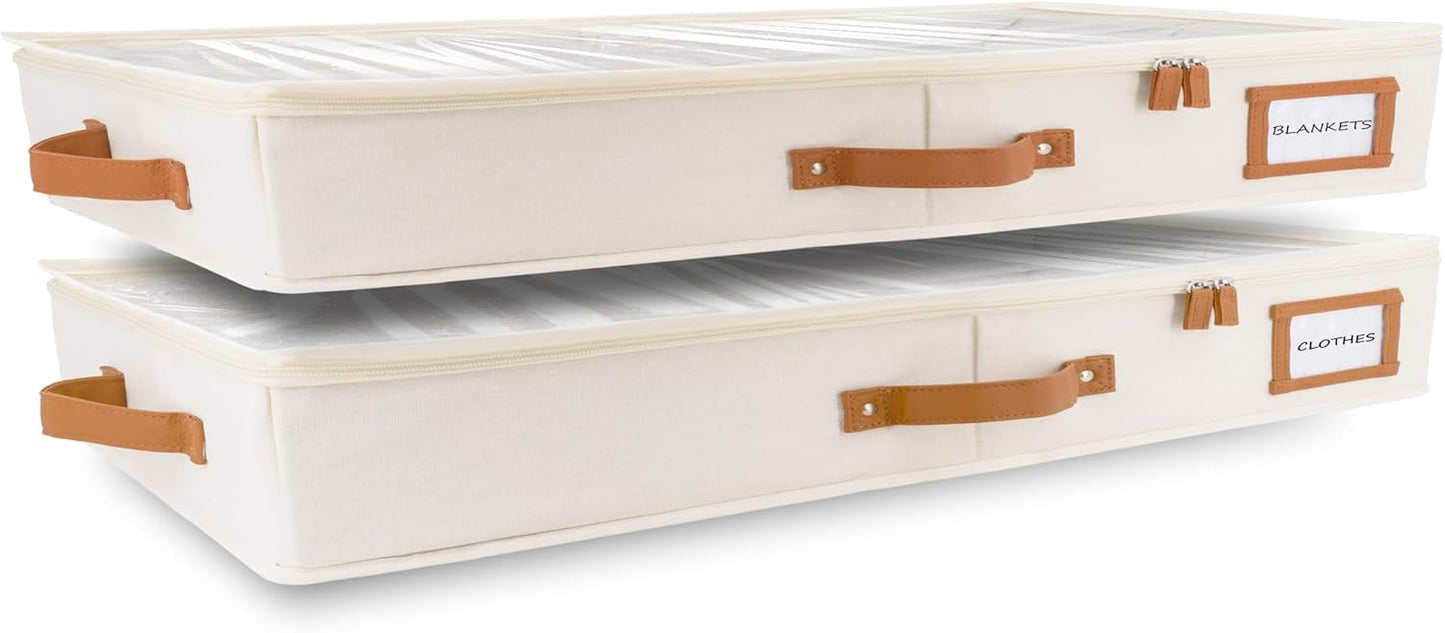 HOMELUX THEORY 2pc Low Profile Under Bed Storage Containers, Thin Under Couch Storage Organizer with Bins & Lids, Underbed Storage Box Ideal for Seasonal Clothes, Blankets, Fabric & Shoes (Ivory)