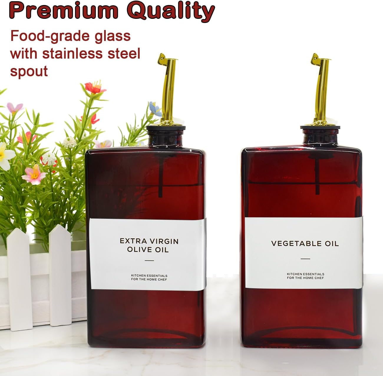 Olive Oil Dispenser Bottle for Kitchen - 11.8oz Dark Glass UV Protection, Oil and Vinegar Dispenser Set, Drip-Free Pourer, Kitchen Essential, 11.8oz, Set of 2