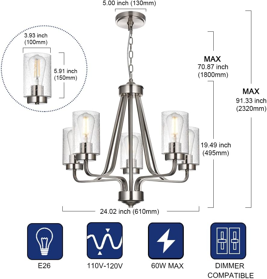 5-Lights Modern Pendant Light Fixtures, Wagon Wheel Dining Room Chandelier in Brushed Nickel, Hanging Ceiling Home Lighting for Foyer Kitchen Bedroom