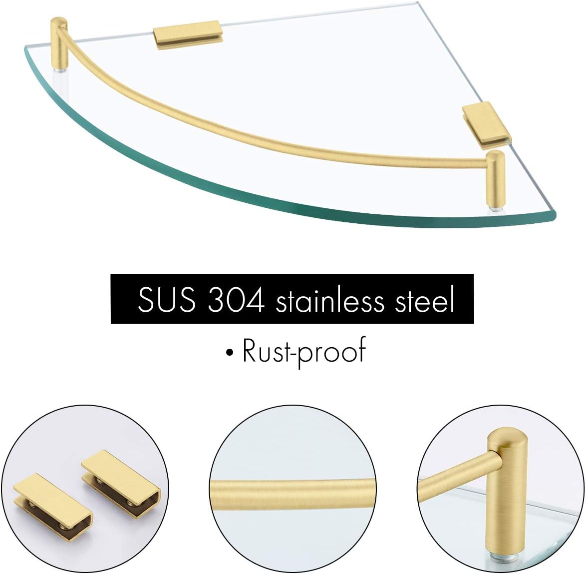 KES Glass Corner Shelf Bathroom Shelf Tempered Glass with Rail SUS 304 Stainless Steel Floating Wall Mount Bracket Brushed Gold, BGS2101A-BZ