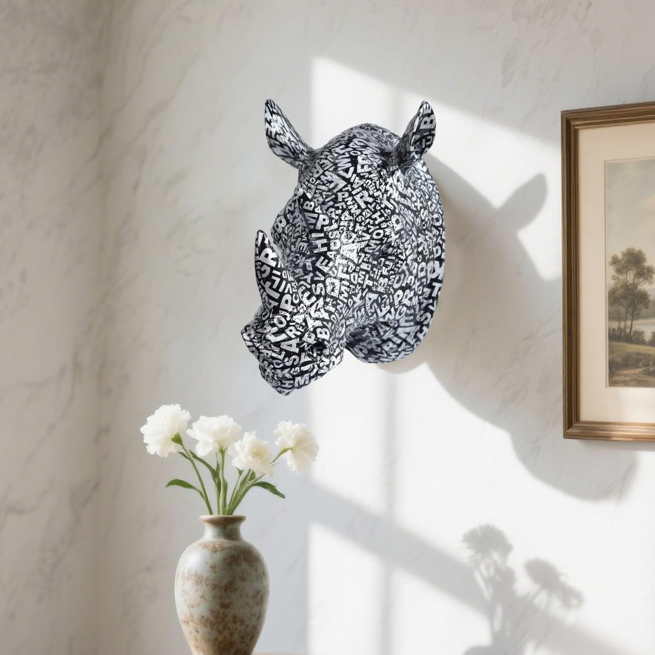 Rhino Head Wall Mount Resin Safari Animal Sculpture, Modern Faux Decor for Living Room Bedroom Office Realistic Wildlife Art Bust Black