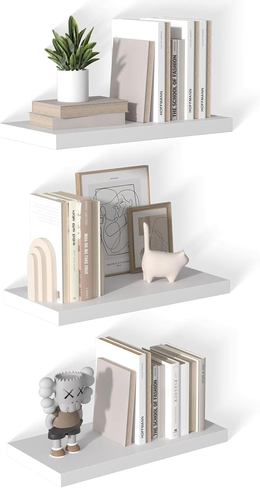 12 Inch Deep Floating Shelves for Wall 3 Pack White Floating Shelves Large Storage Space Wall Mount Shelf for Living Room Kitchen Bathroom 24" W x 12" D x 1.2" H White