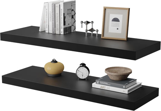 Large Floating Shelves for Wall Set of 2 Wooden Wall Shelves 36 in x 12.75 in x 2 inRoom Decor Long Shelf with Invisible Wall Mount Bracket for Bedroom Kitchen Living Room Black