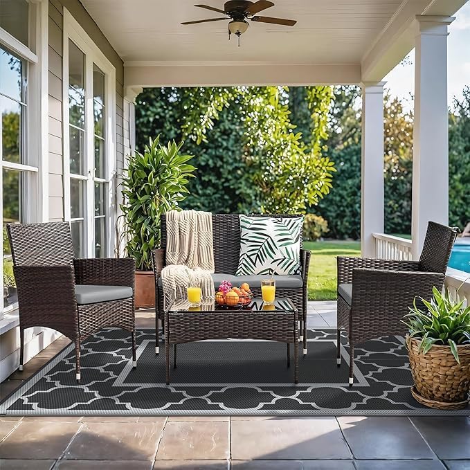 GENIMO Outdoor Rug Waterproof for Patio Decor, 6'x9' Reversible Plastic Straw Rug Carpet, Camping Mats for Outdoor, RV, Backyard, Deck, Balcony, Picnic, Black & Grey