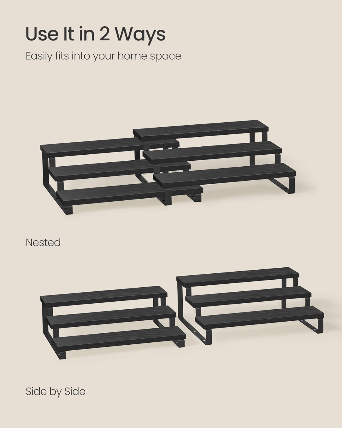 SONGMICS Display Risers, Set of 2 Engineered Wood Perfume Organizer Stand, 3-Tier Cupcake Stand Holder, Spice Rack, Shelf Risers for Figures, Dessert Shelves, Ebony Black and Ink Black UKCS116B01