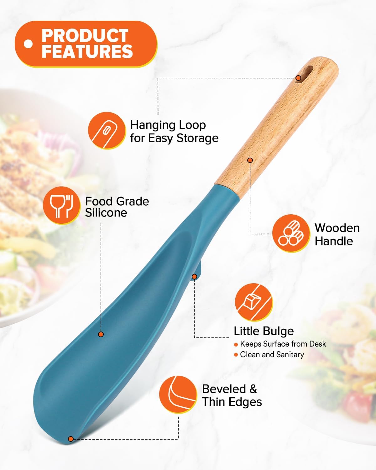 Cooking Spoon and Scraper for Nonstick Cookwares, Great for Cooking and Serving Durable BPA-Free Matte Silicone, Wood Handle Multifunction Spoon for Mixing, Scoop, and Scrape (BLUE)