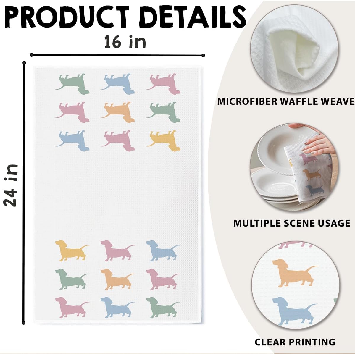 Dachshund Kitchen Towel, Waffle Weave Microfiber Wiener Dog Hand Towel, for Women, Dachshund Decor Accent for Bathroom or Kitchen