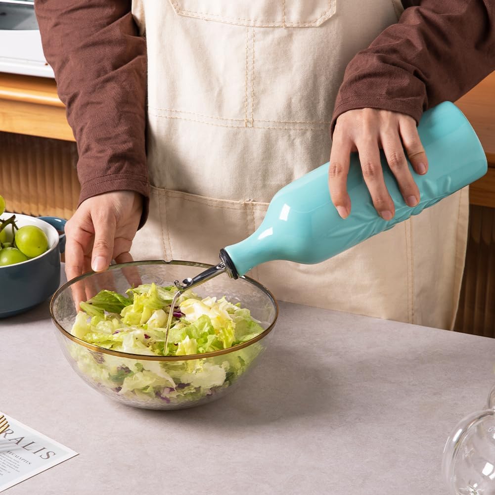 Sweejar Ceramic Olive Oil Dispenser Bottle, 24 Oz Relief Design EVOO Oil and Vinegar Dispensing Bottle with Spout for Kitchen, Set of 1 (Turquoise)