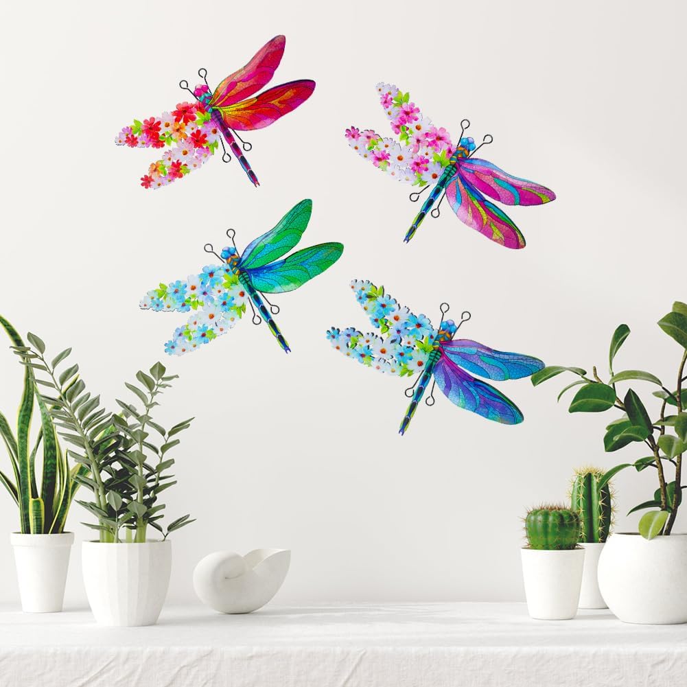 Dragonfly Wall Decor, 4 Pack Metal Outdoor Wall Decor Art, Colourful Dragonfly Decor for Garden Yard Patio Fence Living Room Bedroom