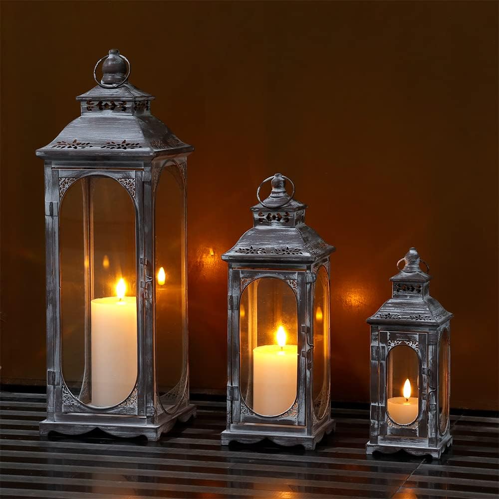 TRIROCKS Set of 3 Vintage Candle Lanterns 10/14/19.5''H Decorative Outdoor Lantern Metal Candle Holder with Tempered Glass for Home Living Room Garden Yard Parties Event Indoors Outdoors (Cement Grey)