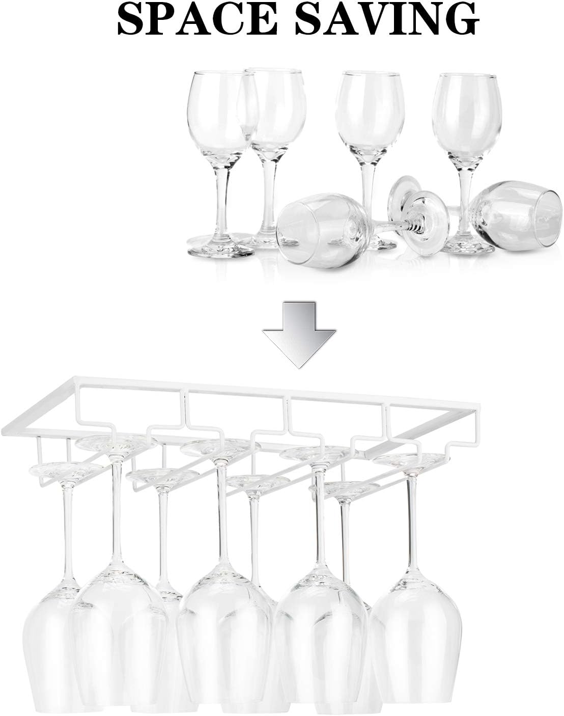 Wine Glass Rack Under Cabinet - Stemware Holder Metal Wine Glass Organizer Glasses Storage Hanger for Bar Kitchen Brown 4 Rows White