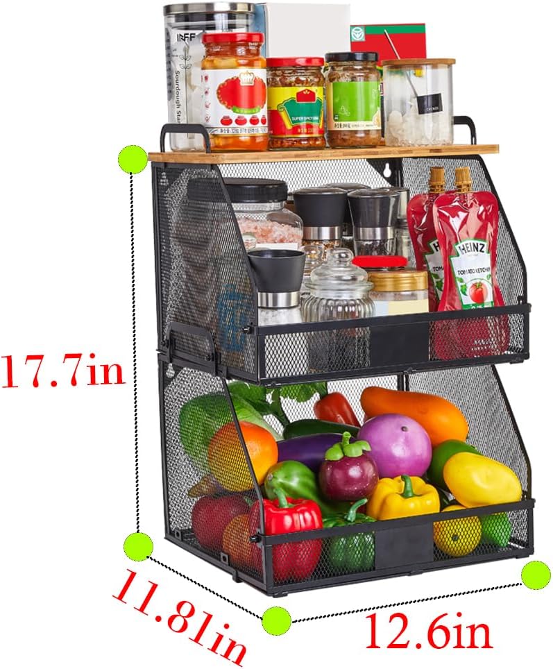 2 Tier Stackable Hanging fruit basket for kitchen counter,hanging Wall baskets with Bamboo Tops & Tag,Wire basket for Cabinet Shelf Countertop Pantry Organizer Bins, onion potato Vegs Bread Organizing