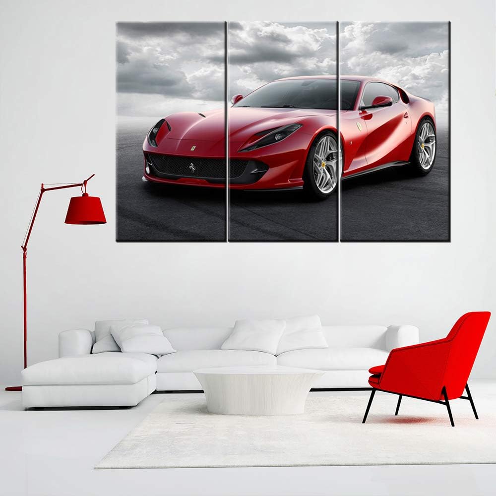 Red Speedy Car Poster Wall Art Sports Car Canvas Prints Red Car and Clouds Cars Picture Print on Canvas 3 Panel Speed Blur Cars Decorations for Boys Room Home Decoration - 40 x 20inch x 3 panels