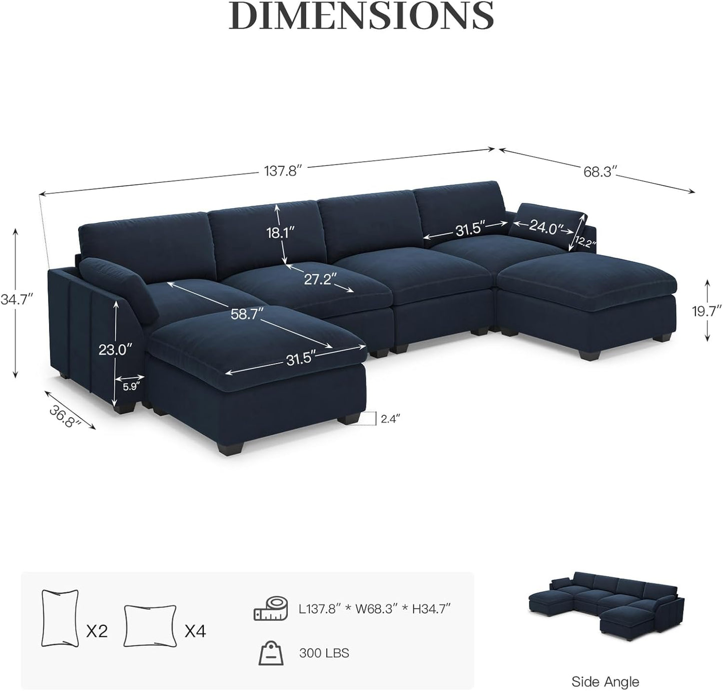 Belffin Sectional Couch with Extra Deep Seat,137.8" Cloud Modular Sectional Sofa,Convertible 6-Seater U Shaped Couches for Living Room,Oversized Comfy Velvet Blue Couch
