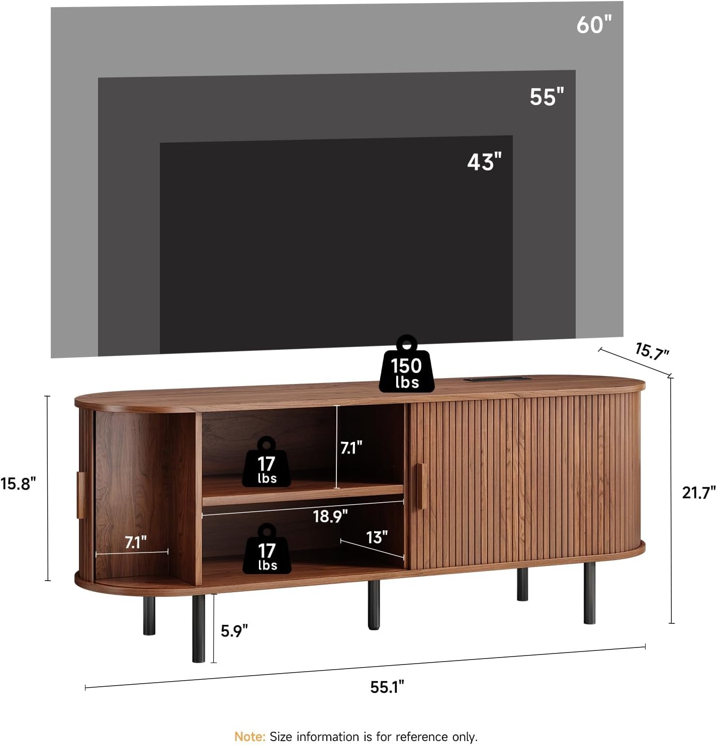 TV Stand with Power Outlet, Mid-Century Modern Television Stand, Media Console with Sliding Doors, Entertainment Center for TVs up to 60 Inch, Adjustable Shelves, Walnut