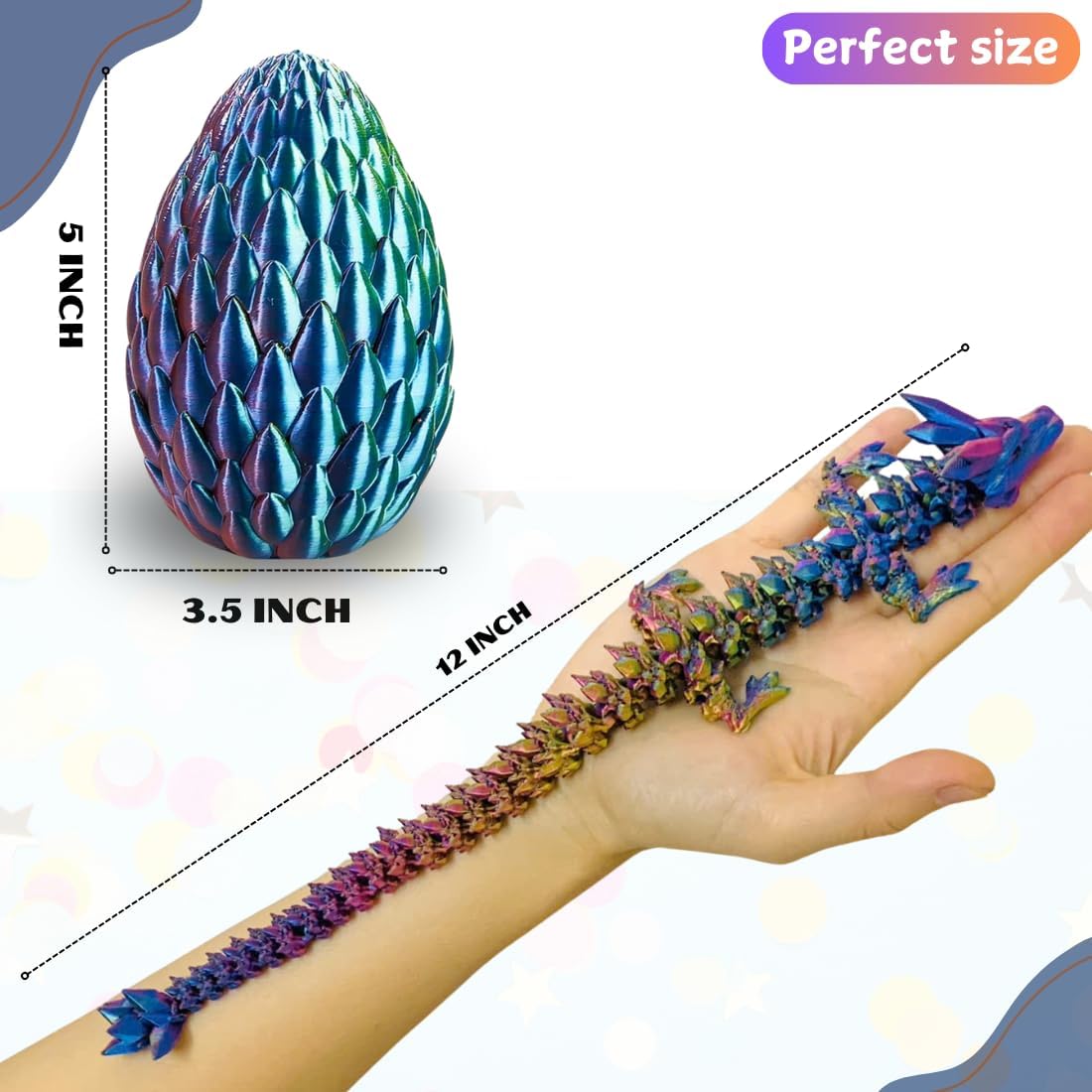 3D Printed 12” Articulated Crystal Dragon Inside 5.1” Egg – Fantasy Collectible, Fidget Toy & Stocking Easter Basket Stuffers for Home & Office Decor (Multicolor).