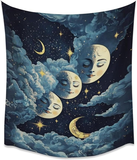 Blue Moon Faces Tapestry Celestial Wall Art Dark Academia Aesthetic Print Stars Clouds Tapestries Wall Hanging whimsical Gothic Home Decor for Bedroom Living Room 70x90inch