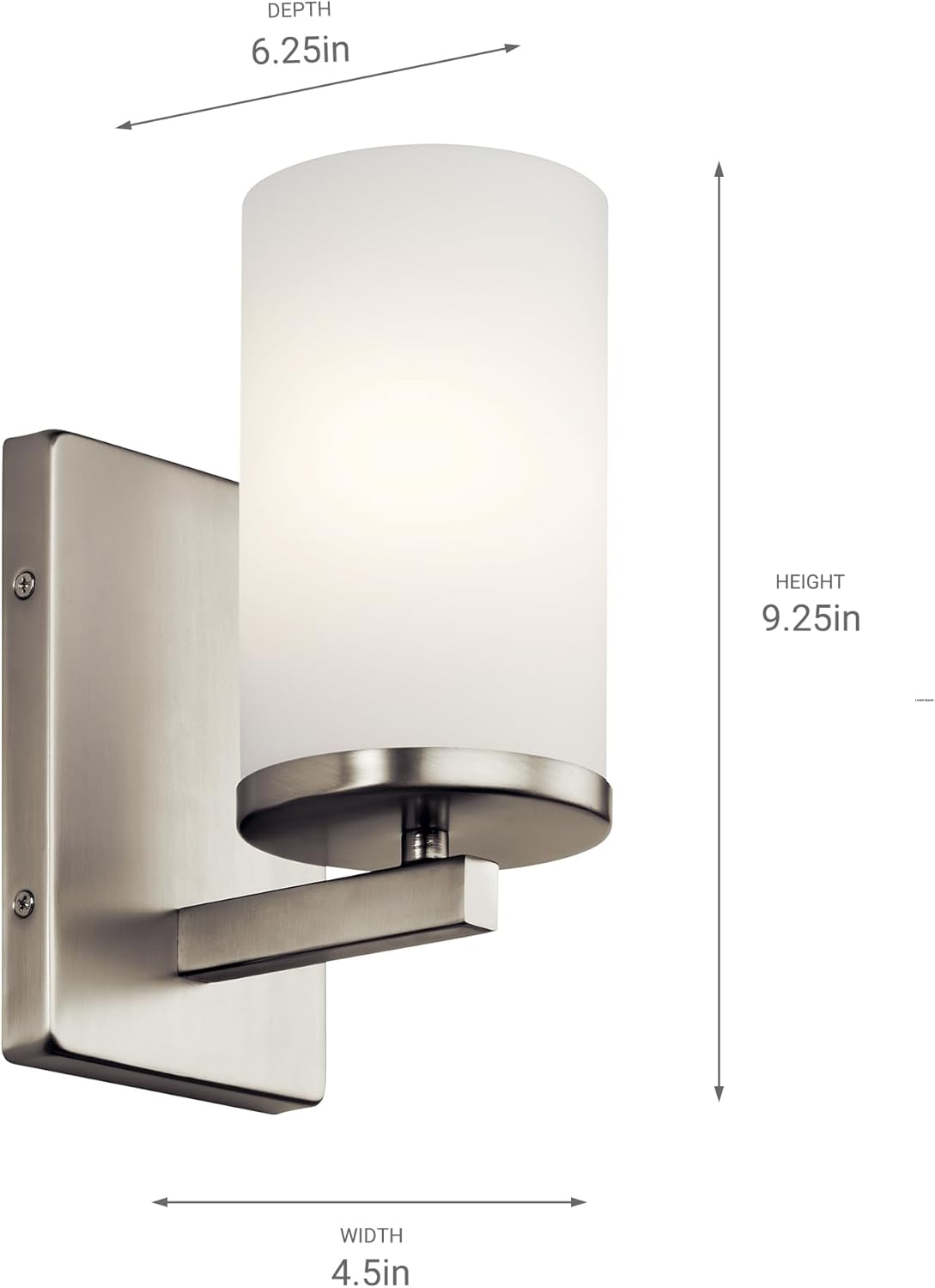 Kichler Crosby 9.25" Wall Sconce in Brushed Nickel, 1-Light Contemporary Hallway or Bathroom Light with Satin Etched Cased Opal Glass, (9.25" H x 4.5" W), 45495NI