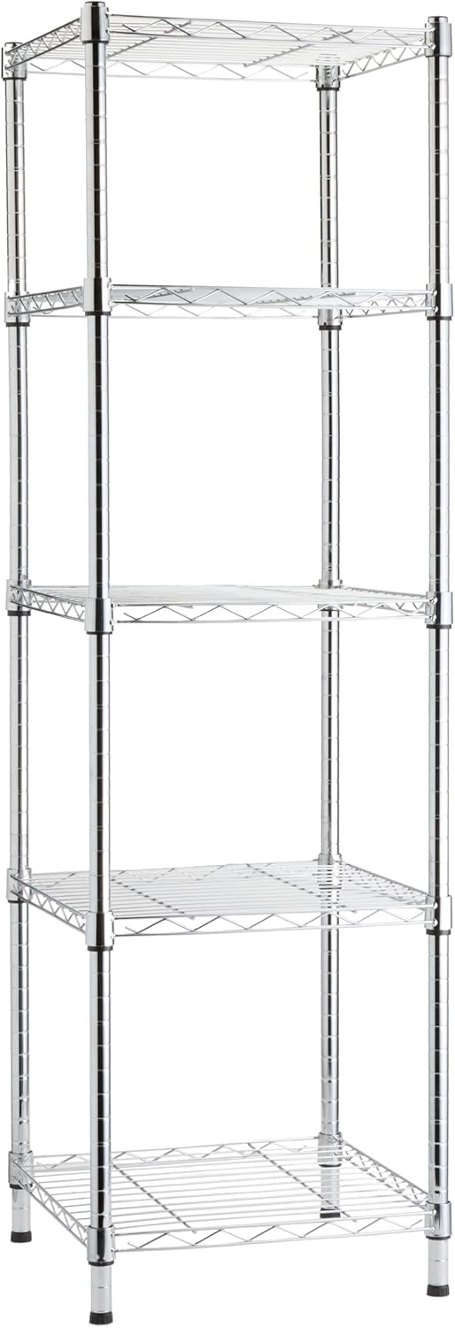 Amazon Basics 5-Shelf Tower Adjustable Storage Shelving Unit, Chrome, 16 D x 16 W x 54 H in