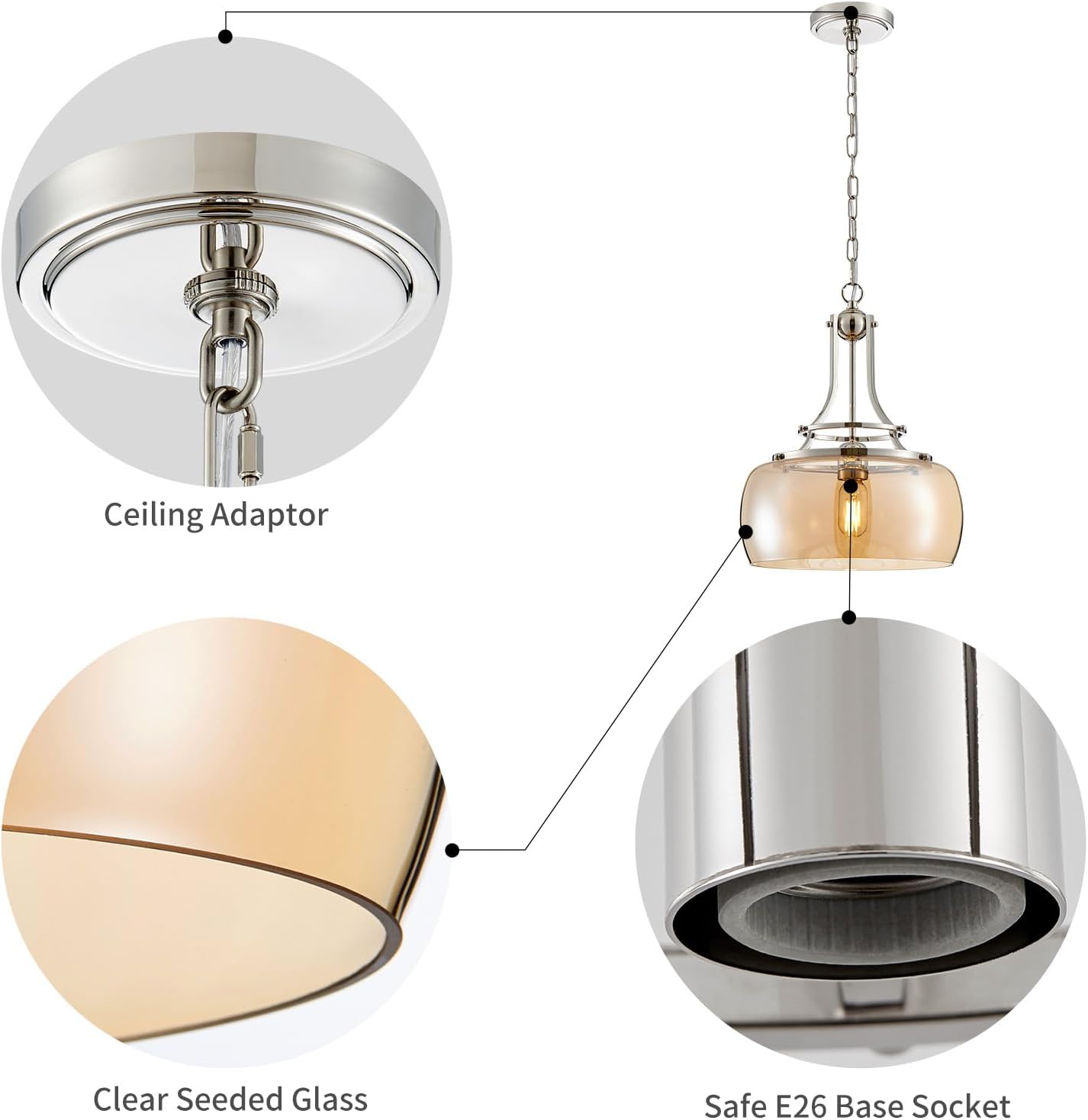 WUZUPS Nickel Chandelier Rustic Farmhouse Industrial Round Ceiling Pendant LED Light Fixture with Amber Glass Shade for Dining Room Kitchen Island Foyer Entryway, H 17" W 13.4", E26 Base