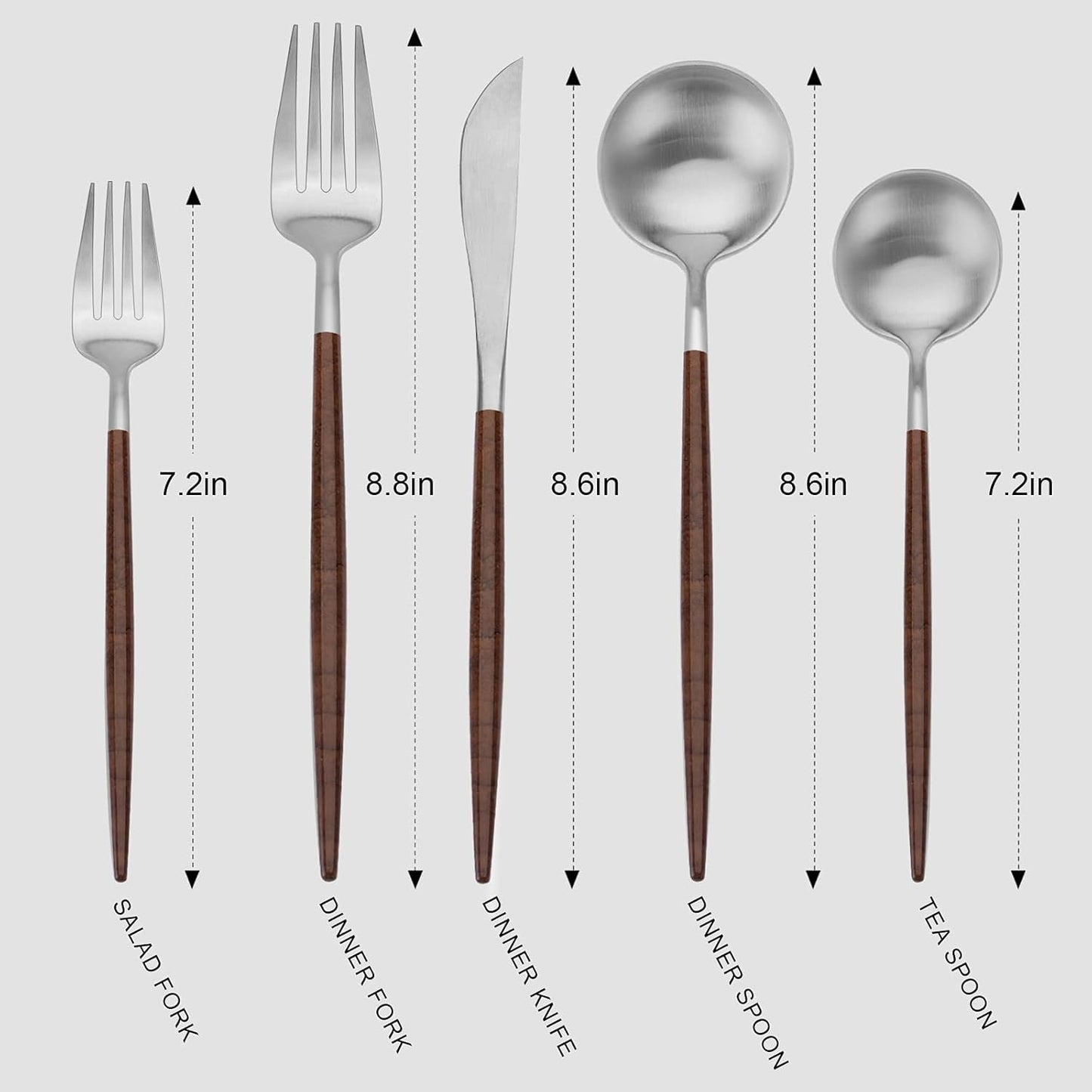 Matte Silver Silverware Set With Brown Handle, Vanys 20 Piece Stainless Steel Cutlery Flatware Set, Kitchen Utensil Sets for 4, Tableware With Knife Spoons And Forks Set, Satin Finished Polished