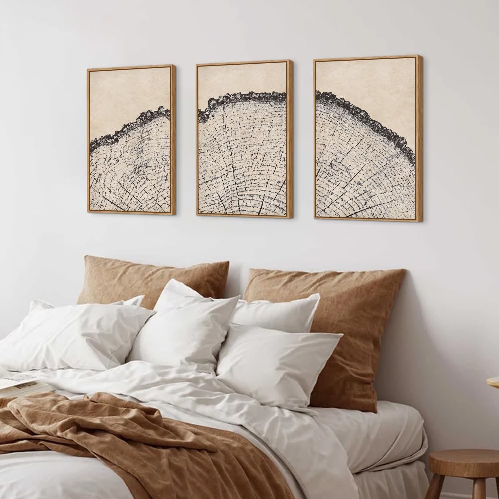 HPINUB Vintage Wood Tree Rings Wall Art Set, Framed Canvas Paintings, Black and White Nature-Inspired Decorative for Modern Home Decor for Living Room, Bedroom, Dining Room, Office- 16"x24"x3