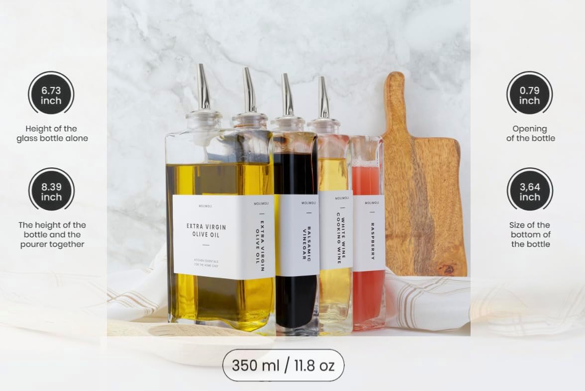 Molimoli Olive Oil Dispenser Bottle for Kitchen, Automatic Pourer, Glass Dispenser for Kitchen, Olive Oil Cruet, | Set of 4 - Silver