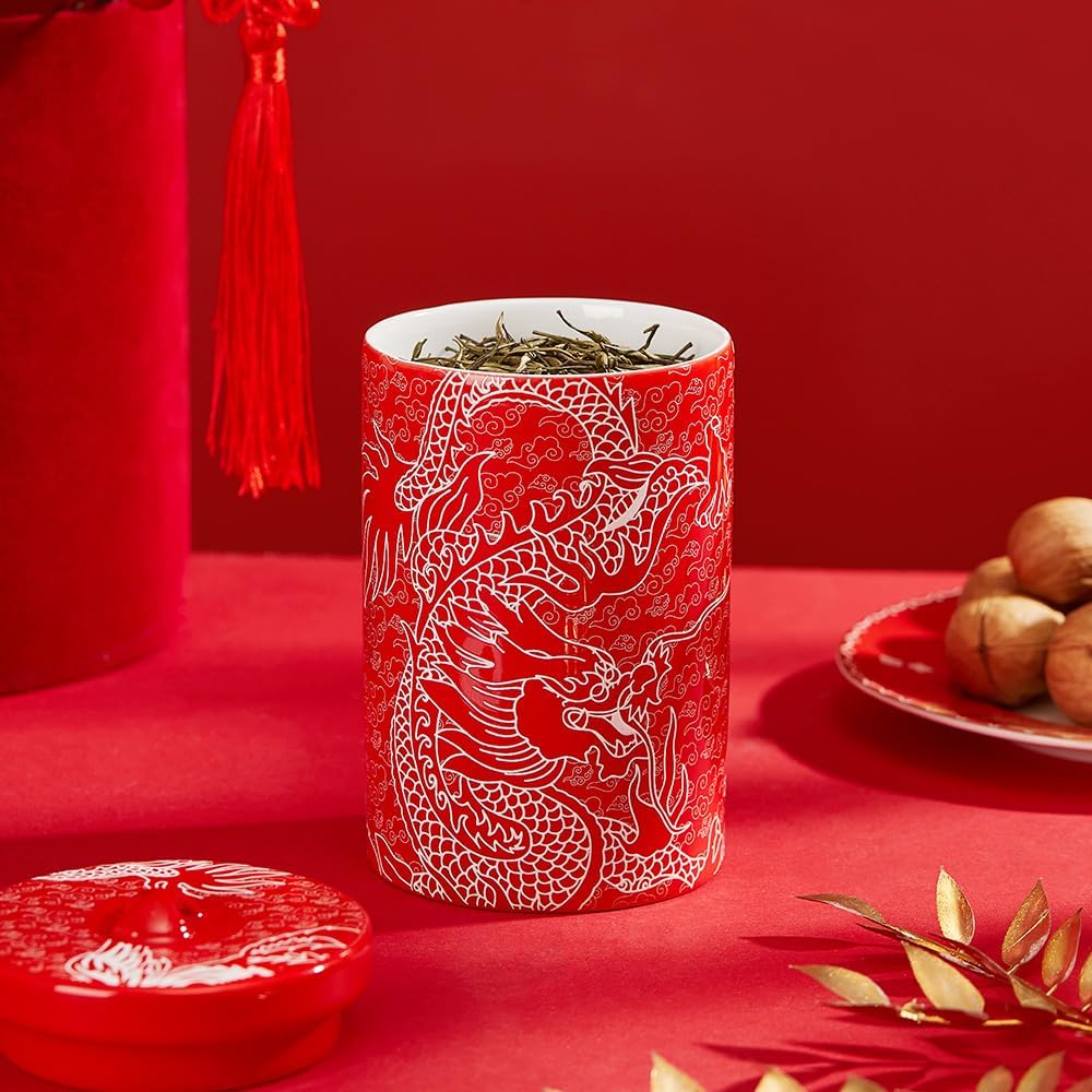Porlien Chinese Dragon Porcelain 15-ounce Canisters Set of 2, Food Storage Containers with Lid for Coffee Beans, Tea, Condiments & Nuts