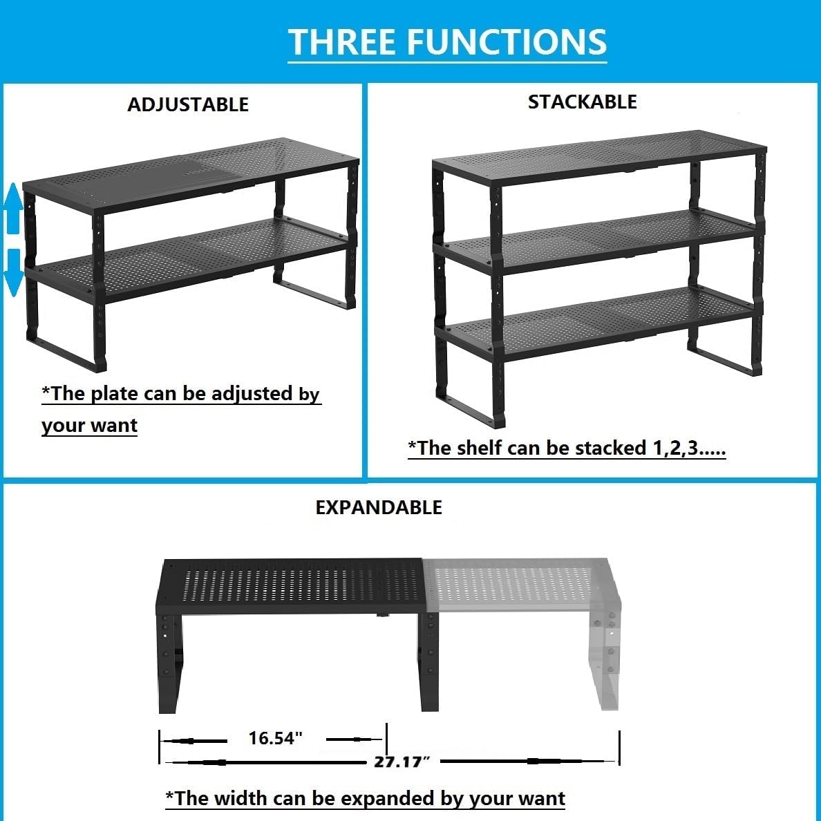 Expandable,Adjustable & Stackable Spice Rack, Cabinet Kitchen Countertop Shelf Organizer,Metal Pantry Storage Shelves - Space-Saving Storage Solution(1Pack/Black/Medium)
