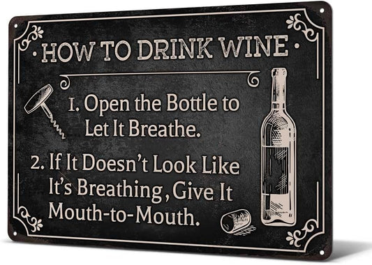 Heuhuww Funny Wine Bar Metal Sign-How To Drink Wine Wall Decor for Farmhouse Bar Station Wine Themed Gifts 8"x12"(H29)