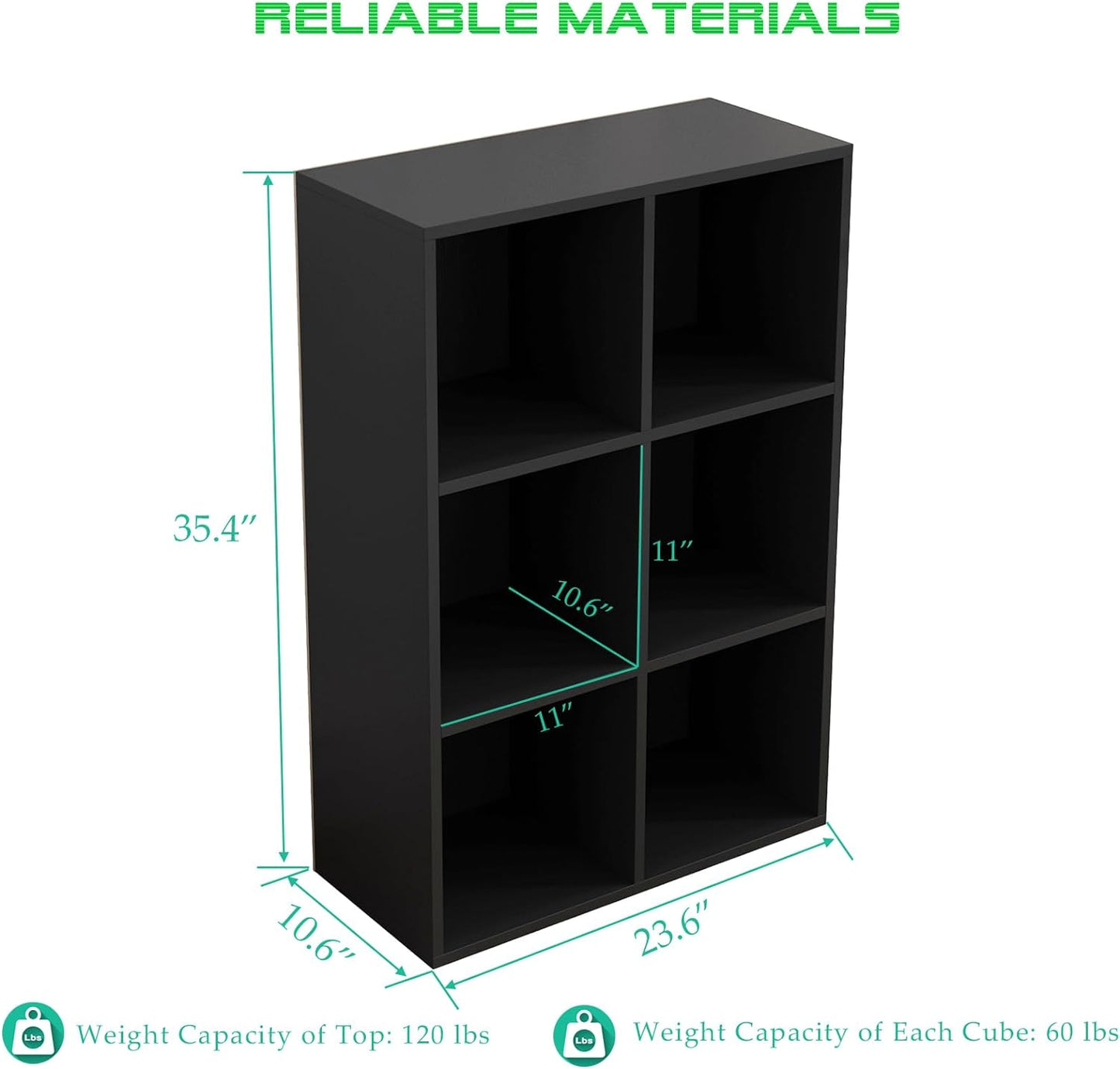 6-Cube Storage Shelf Bookcase - Wooden 3-Tier Floor Standing Open Bookshelf for Home and Office, Display Cabinet, Black