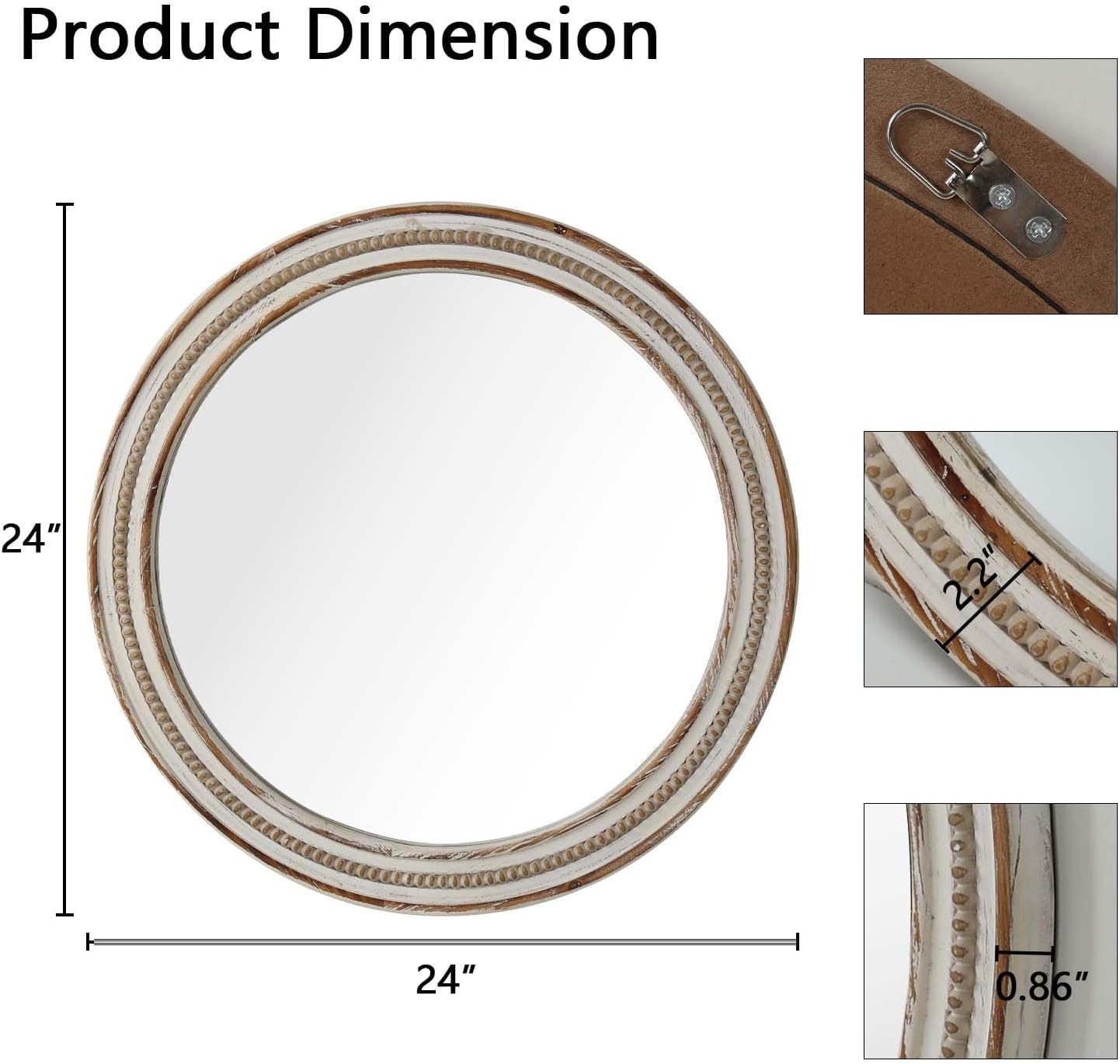 24 Inch Round Mirror - Distressed Vintage Farmhouse Mirror for Bathroom Wall, Living Room, Bedroom & Entryway, Handmade Wood Frame